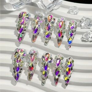 ✨ 10pc Iridescent Rhinestone Press-On Nails - Size L - Glam Long Coffin Set ✨